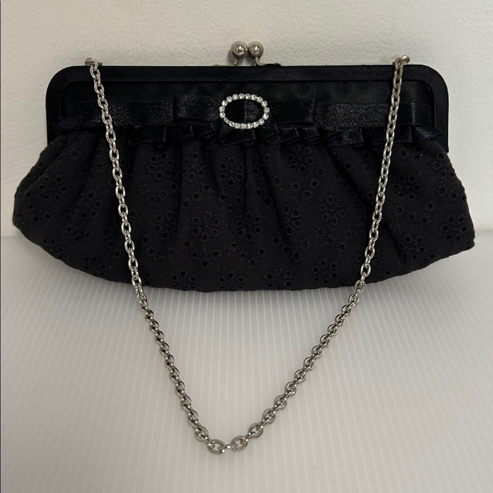 La Sera By Franchi Mini Floral Eyelet Fabric Black Evening Clutch & Silver Chain